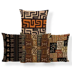 Housse de coussin en tissu africain Marron Boho Ethnique Taies d'oreiller décoratives Kuba Tribal Mud Cloth Cushion Cover