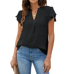 Women 2023 Summer V Neck Ruffle Short Sleeve Blouse Swiss Dot Flowy Shirt Tunic Top DOM107-142