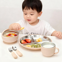 Juego de Vajilla Infantil Sostenible Libre de BPA, Plato de Acero Inoxidable, Taza de Silicona para Snacks y Juego de Tenedores con Diseño de Dibujos Animados, Apto para Lavavajillas