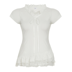 Romantic Breathable Lace <b>Patchwork</b> V-Neck Blouse Women Ruffle Trim Cute <b>Top</b> Kawaii Frill Casual Summer Shirt Digital Printing - Product Image 6