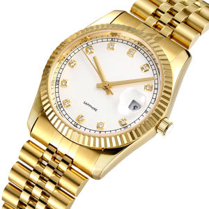 Reloj mecánico de acero inoxidable resistente al agua con decoración chapada en oro de moda, ideal para regalo. - Product Image 1