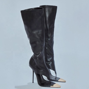 High Heels Metal Front Women Summer Knee High <b>Boots</b> Clip Toe Slim Heeled Side Zipper Long Booties Custom Dress Shoes - Product Image 4