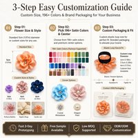 Vente en gros de mini fleurs de camélia en satin personnalisées avec boucle élastique multicolore, boîte cadeau pour décoration de serviette ou flacon de parfum