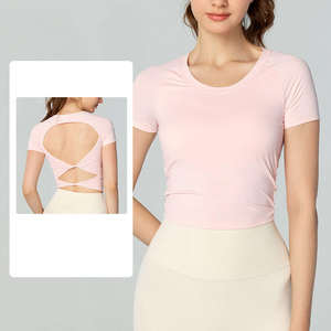 Logo personnalisé en gros de haute qualité ras du cou rond à manches courtes haut de yoga pour les femmes - Product Image 3