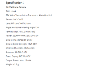 LST-S4 Micro Camera VTX Combo 25MW 48CH 700TVL 120° FOV FPV Video Transmitter for <b>Drones</b> Accessories - Product Image 6