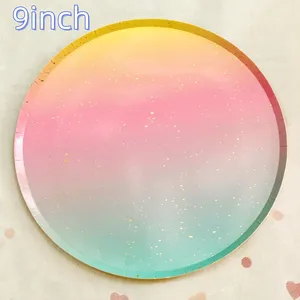 Colorful Flat Paper Plates Rainbow Color Plates With Gold Foil Stamping Party Supplies With Gradient Color Party Decorations