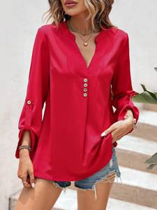 Nueva Camisa de Mujer a la Moda con Cuello en V, Estilo Casual, Manga Larga, Color Sólido, con Botones, Talla Grande, Holgada - Product Image 4