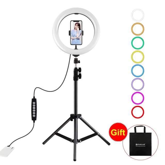 PULUZ 1.1m RGBW Ring Light with Tripod, Ball Head & Phone Holder, 26cm LED Kit for Live Streaming, Vlogging & Video Shooting