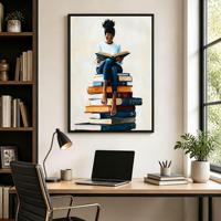 Peinture à l'huile murale « Femme lisant avec une pile de livres », avec cadre en aluminium noir mat, décoration pour bureau, hall, école, hôtel, salle d'étude
