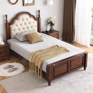 American Country Retro Style 1.2m Kids <b>Bed</b> <b>Solid</b> <b>Wood</b> Soft Headboard <b>Single</b> <b>Bed</b> for Boy Girl Child Bedroom - Product Image 1