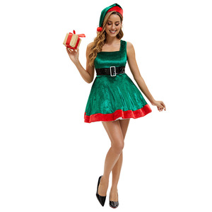 <b>Green</b> Christmas Dress Halter A-Line <b>Velvet</b> <b>Skirt</b> With Red Trim And Hat For Holiday Party - Product Image 5