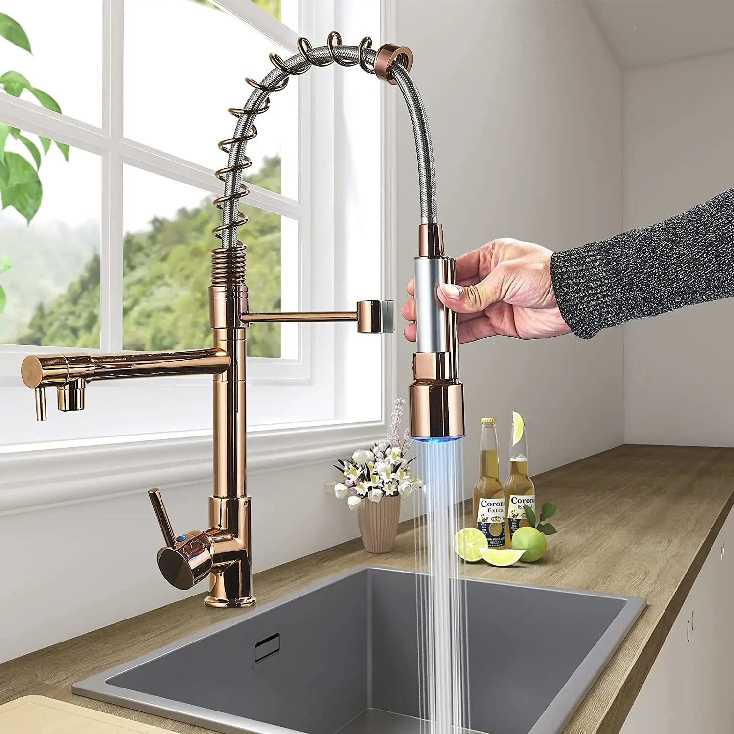 Rose gold flexible pull out faucet tap copper hot cold water kitchen faucet with pull down sprayer