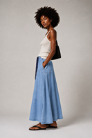 Falda Maxi Vaquera Azul para Mujer, Estilo Americano Relajado, con Cordón Ajustable y Diseño Empalmado