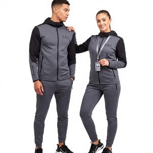Survêtement unisexe gris à capuche en polaire, manches longues, fermeture éclair, vêtements de sport, poches latérales, séchage rapide, polyester, coupe ajustée, vêtements d'hiver pour adultes - Product Image 1