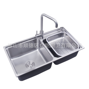Évier de cuisine double en acier inoxydable 304 D-8043 à encastrer, poli, avec robinet - Product Image 1
