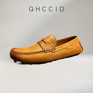 Qhccid Men's Leather Loafers Slip-On Breathable Low <b>Heel</b> Casual Shoes Brown Solid Color Handmade - Product Image 3