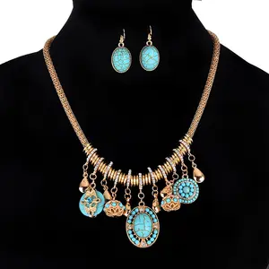 Fashion multi layer rice bead Ruby Bohemian Style Western Turquoise Bridal Necklace And Earrings Set