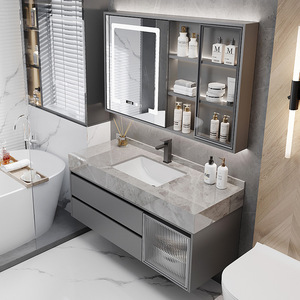 Mueble de <span class=keywords><strong>Baño</strong></span> <span class=keywords><strong>Moderno</strong></span> y Lujoso Lovein con Tiradores de Madera y Estantes de 3 Niveles, Lavabo Simple e Inteligente, Mueble con Luz - Product Image 2