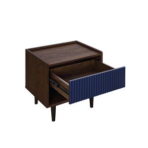 Nightstand In Navy Blue Wood With Ribbed Panel And <b>Open</b> Shelf <b>Storage</b> - Product Image 4