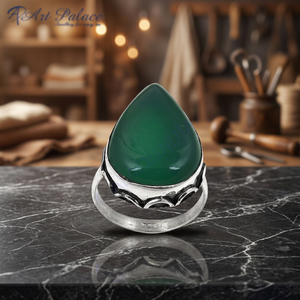 Bague Art Palace en argent plaqué 925 avec pierre précieuse onyx vert en forme de goutte d'eau, sertie en clos, bijou de luxe classique unisexe - Product Image 3
