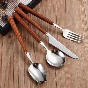 Ensemble de couteau, fourchette et cuillère en acier inoxydable 304 avec manche en bois de rose, vaisselle occidentale résistante à la rouille, pour usage en restauration - Product Image 3