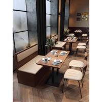 Ensemble table et chaises de restaurant vintage industriel, mobilier de salle à manger en bois massif, canapé banquette commercial pour café, bistrot, hôtel