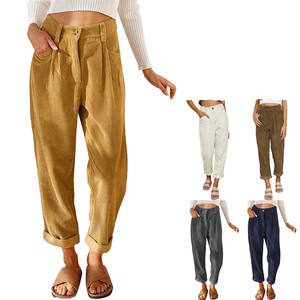 Otoño nuevas mujeres Casual pantalones sueltos Botón de moda coreano de cintura alta de pana pantalones de pierna recta tamaño XL característica antiestática - Product Image 1