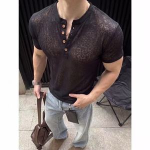 <b>Men</b> Washed <b>Henley</b> T <b>Shirt</b> Short Sleeve Fitted Tee Button Front Casual Streetwear Top - Product Image 1