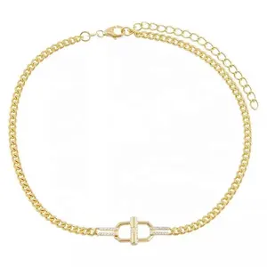 Collana Choker da Donna con Catena Cubana <span class=keywords><strong>Sottile</strong></span> e Chiusura a Moschettone Dorata - Product Image 1