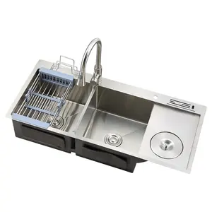 Évier de cuisine double à monter en acier inoxydable, avec robinet, angle de 10045 cm