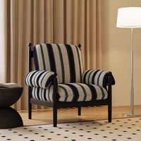 Fauteuil vintage français en tissu rayé avec structure en bois noir, chaise d'appoint monoplace pour salon, chambre à coucher, mobilier de maison et de salon.