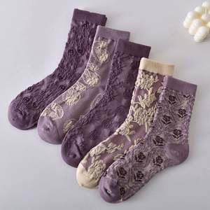 Wholesale Cotton Socks Autumn Winter New Retro Three Dimensional Relief Purple Korean Jacquard Socks Women's Mid Tube Hosiery - Product Image 4