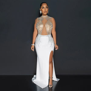 OuYaan sin mangas cuello simulado vestido elegante abertura alta diamantes de imitación formal noche baile vestido vestidos - Product Image 4