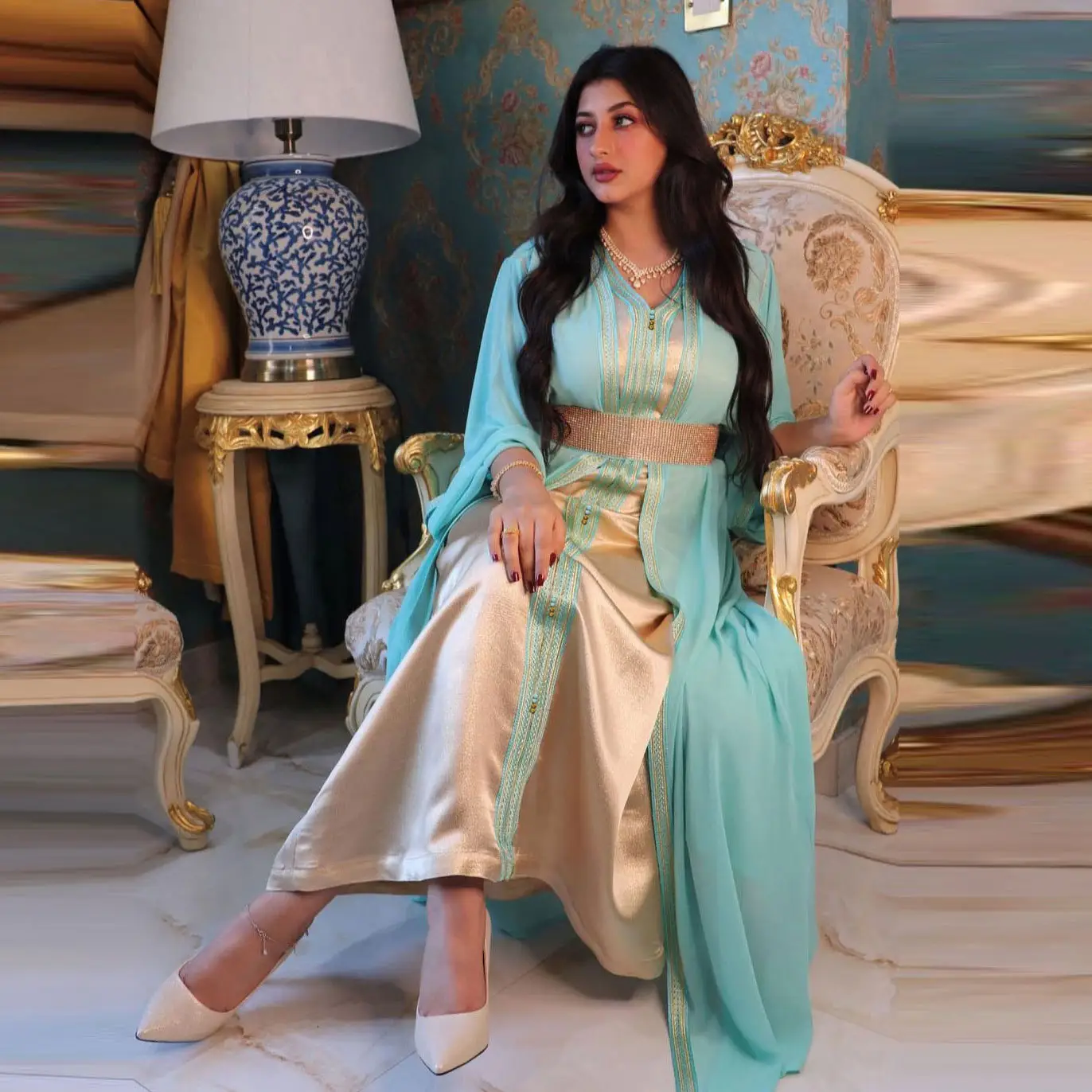 Eid Mubarak Chiffon Frauen Mode Abaya Kleid Strickjacke Set Weibliche islamische muslimische Prinzessin Elegante Abayas Kaftan Türkei Dubai Set