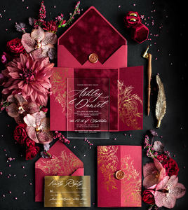 <strong>Personalised</strong> Customizable Luxury Red Glamour Burgundy Glitter Velvet Acrylic Suite With Envelope Wedding <strong>Invitations</strong> - Product Image 4