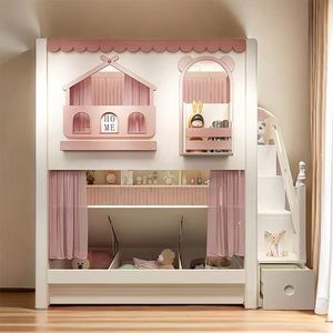 Lit superposé moderne en bois massif en forme <span class=keywords><strong>de</strong></span> château bleu et rose avec échelle, rangement et main courante - Product Image 6