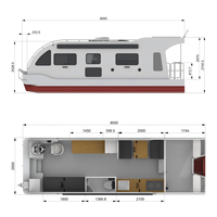 Maison flottante en aluminium remorquable, cabine flottante avec chambre, toilettes, cuisine, évier, cuisinière intégrée et table pour la pêche en lac