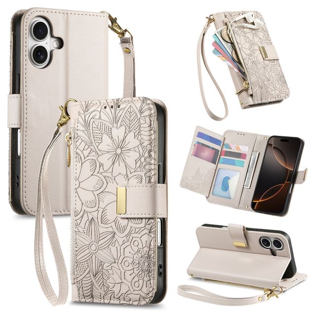 Luxury Leather Embossed Design Flip Holder Stand Card Slots Purse Phone Case for IPhone 17 16 15 Pro Max with Lanyard Rear Cover