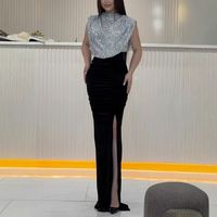 Robe longue élégante à taille haute pour femme, nouvelle année 2025, mode féminine, sans manches, drapée, fendue, décontractée, col rond, sequins, robe de soirée