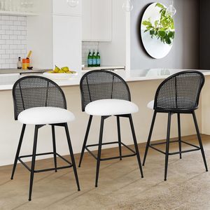 Tabouret <span class=keywords><strong>de</strong></span> <span class=keywords><strong>bar</strong></span> pivotant en cuir PU <span class=keywords><strong>blanc</strong></span> avec dossier en rotin <span class=keywords><strong>noir</strong></span> Chaises <span class=keywords><strong>de</strong></span> <span class=keywords><strong>bar</strong></span> modernes du milieu du siècle - Product Image 2
