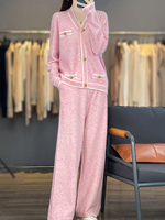 Style européen haut de gamme femmes rose cachemire tricoté tenue respirant deux pièces ensemble solide bouton Cardigan veste été décontracté