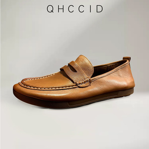 QHCCID Mocassins en cuir de cheval pour hommes, marron, à talon plat, à enfiler, chaussures de conduite décontractées, semelle souple, couleur unie, style jeune - Product Image 3