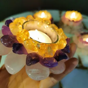 Hot selling custom design Natural amethyst rose quartz citrine crystal candle holder Flower candle holder