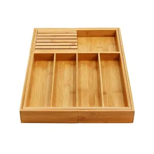 Organizador de cajón de cocina expandible, soporte para cuchillos, organizador de bandeja de cubiertos de bambú con divisor