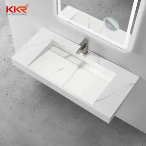 Mermer akrilik dikdörtgen lavabo banyo Vanity tek lavabo banyo aynası ile Modern lavabo