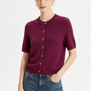 Factory High Quality Bow Button Decorative Knitted <strong>Cardigan</strong> Retro Short-sleeved Chic Coat Knitted Sweaters <strong>for</strong> <strong>Women</strong> - Product Image 4