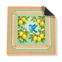 Tapis de Mahjong 800x800mm Imperméable Multispandex Antidérapant en Caoutchouc avec Bordure Motif Citron, Oiseau et Clé Grecque + Sac de Transport Noir