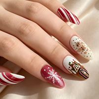 Faux ongles personnalisés OEM de Noël à presser, forme amande, peints à la main, motifs pain d'épices, flocon de neige, canne à sucre, vente en gros en vrac