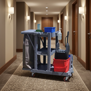 Heavy Duty Housekeeping Cart With 4 Swivel <b>Wheels</b> <b>Plastic</b> Frame 3 Shelves Partially Enclosed Indoor Use - Product Image 3