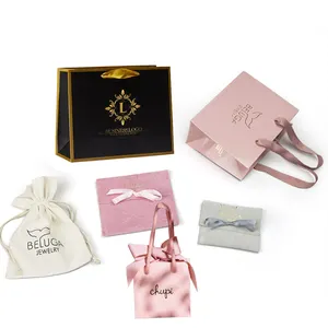 Saco de papel para embalagem de joias, design de decoração comercial de tamanho pequeno com impressão personalizada, ouro rosa, saco de papel para compras